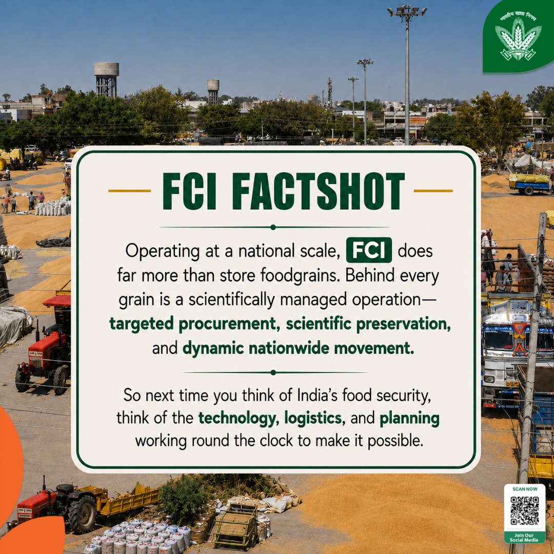 FCI_India's tweet photo. FCI FACTSHOT 🌾

Food security is powered by more than procurement and storage of foodgrains. Across the country, the Food Corporation of India coordinates targeted procurement, scientific preservation, and seamless movement of foodgrains through a nationwide logistics network.

Every grain is backed by technology, planning, and precision—working round the clock to help ensure safe storage and timely distribution in support of India's food security.

@mygovindia @fooddeptgoi @PIB_India @JoshiPralhad @Nimu_Bambhaniya @blvermaup 
#FCI #FoodCorporationOfIndia #FoodSecurity #ScientificStorage #FoodgrainManagement #Procurement #SupplyChain #Logistics #PublicDistributionSystem