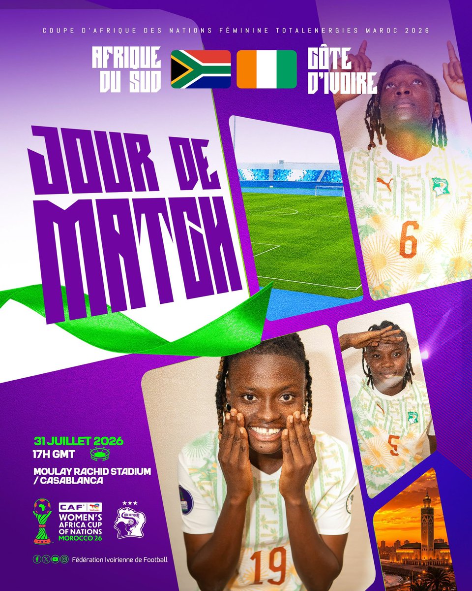 equipenatciv's tweet photo. JOUR DE MATCH !

Coupe d’Afrique des Nations Féminine TotalEnergies Maroc 2026 🇲🇦

🆚 Afrique du Sud 🇿🇦 
🏟️ Stade Moulay Rachid ,Casablanca 
⏰ 17 heures GMT
🟣 En direct sur La 3

#AllezLesÉléphantes
#MatchDay 
#FIFCIV https://t.co/3pwTfeTLLL