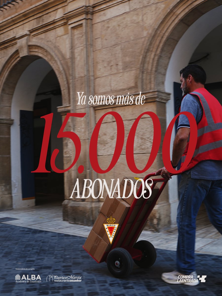 realmurciacfsad's tweet photo. 🚨 ¡𝐘𝐀 𝐒𝐎𝐌𝐎𝐒 𝐌𝐀́𝐒 𝐃𝐄 𝟏𝟓.𝟎𝟎𝟎 𝐀𝐁𝐎𝐍𝐀𝐃𝐎𝐒! 
El murcianismo vuelve a responder y la Campaña de Abonados 2026/27 sigue batiendo récords.

¿Aún no eres abonado? ¡Todavía estás a tiempo de unirte!
📍 Punto de Atención al Abonado
🕙 L-V | 10:00-14:00h y 17:00-20:00h
💻 https://t.co/nxmjM3dN90

#NoEsElDestinoEsElCamino