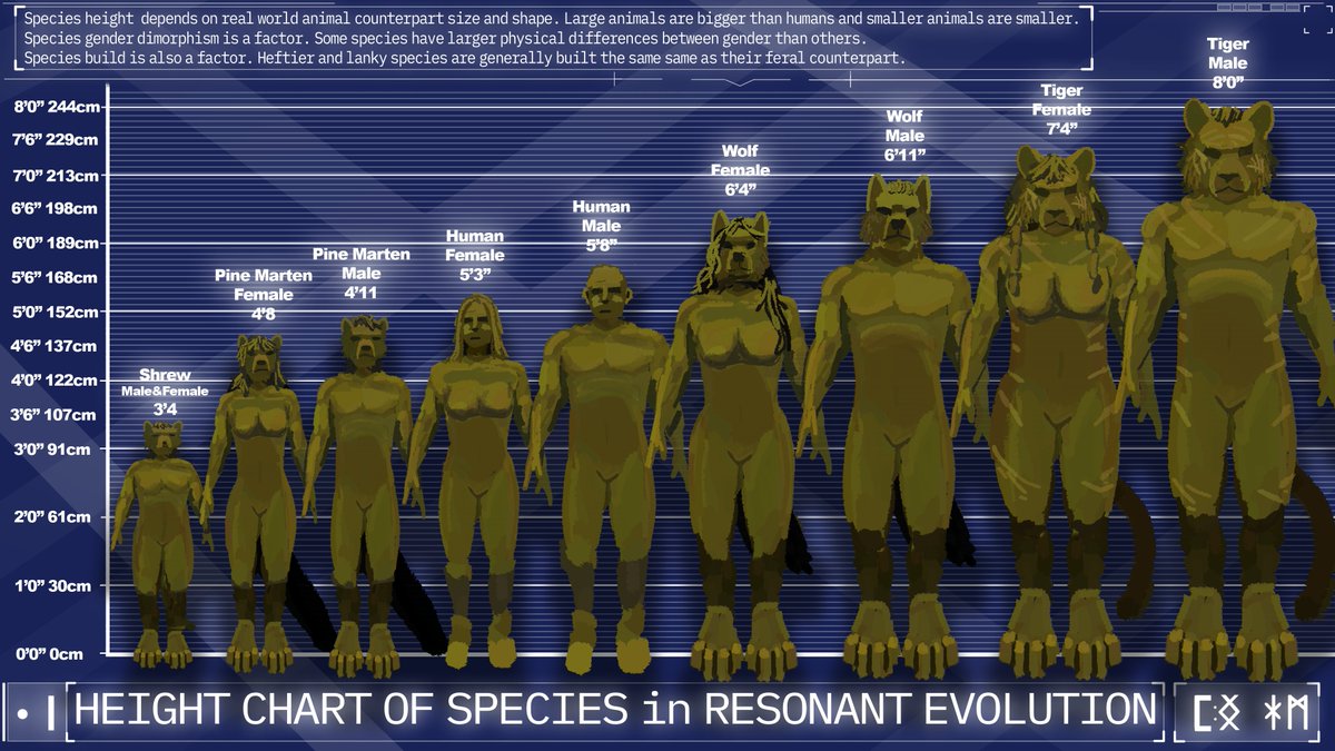 JayK_AND's tweet photo. RE Fun Fact Friday #107

In Resonant Evolution, an anthro species’ height and build depend on their IRL animal counterpart’s size and shape. The smallest anthros can be as small as 3 feet tall and skinny, while the largest can be upwards of 9 or 10 feet. Humans, being the genetic base for all of these species, are the median height of all species in the Orion arm.
Anthros were created by the ancient Ohhoc civilization via genetic engineering. They started with a human base, then spliced animal DNA into key genes. Therefore, anthro species still have a relatively human body plan and vary only in certain, specific ways.

The height is the most obvious one. Larger animals will have similarly sized anthro counterparts, but still adhere to the human body plan. A feral tiger for example is 9 to 11 feet long, but since the human body plan is bipedal it cannot support that length translated into height. So the average male tiger is 8’ tall.

Humans occupy the median average species height. This is also to do with them being the genetic base for all anthros. There are many anthros species in this middle range, their size not having a lot of impact when faced with the human genome base. Humans are the jack of all trades, most adaptable, but also can't handle many extremes.

The shape and build of an animal also plays a part in their anthro counterpart’s physique. Long creatures like many mustelids will have long torsos and smaller limbs. Stout creatures like a beaver or wombax will have wide torsos and short limbs. Endurance hunters like wolves will have a skinny muscular build, while ambush hunters like many big felines will have a bulky muscular build.

Of course these are averages, and within all species there is variation, not all members of a species are the average. There could be a (relatively) tall and muscular rabbit, and a (relatively) round lion.

Smaller than the median height anthro species’ populations greatly outnumber the larger species. This is due to their bodies being much easier to maintain, and need less food to survive. So even though the number of small species don't outnumber the larger species, their respective populations do.

Genetic dimorphism also plays a factor in the height and build of anthro species. Species whose animal counterparts have little or great genetic dimorphism have this aspect translated into their anthro counterparts. This has caused species with different levels of genetic dimorphism to create vastly different societies.

For example the Dry Suns, a faction of spotted hyenas, is a matriarchy due to the females of the species being larger and more aggressive than the males. The other side of this are Eagles of Rotamora, they have very little genetic dimorphism, and thus have little regard for gendered roles in society, anyone can do any job or role.

However, this is somewhat tempered by human genes left over in these species, so some extremes in both directions found in certain species are not as extreme in their anthro counterpart.

All of these aspects were purposefully designed by the Ohhoc, to create a variety of civilizations for them to be the caretaker of. The only problem is that their creations were set loose after the Ohhoc disappeared, and societal differences create animosity.