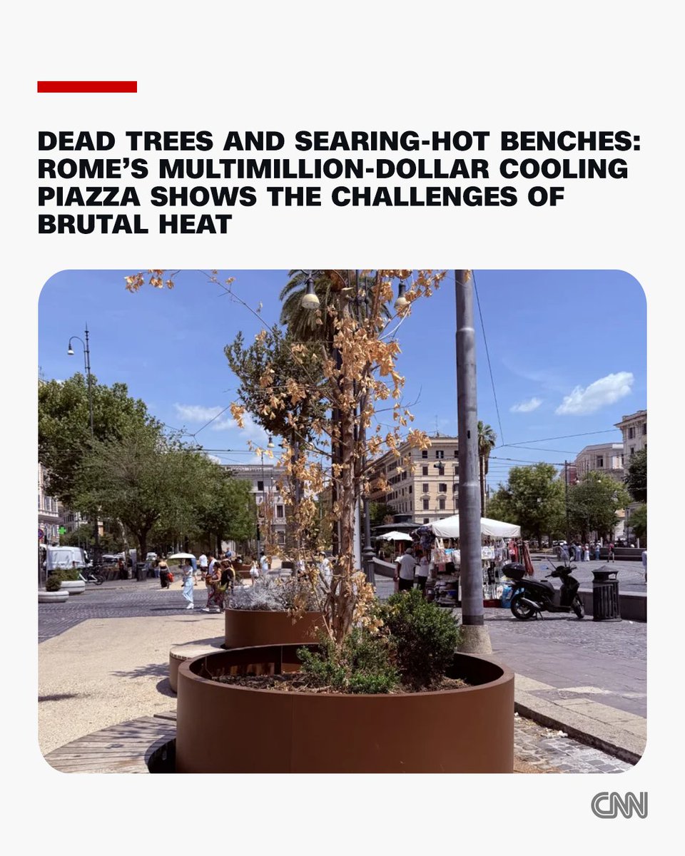 CNNweather's tweet photo. The new trees meant to provide much-needed shade in Rome's Piazza Risorgimento were burnt to a crisp. Benches in dark plastic and wood were searingly hot. Several of the large flower pots had been gutted of their foliage entirely. The bushes lining the entrance were a burnt orange color.

This park, under the shadow of St. Peter's Basilica, was supposed to be a green oasis for tourists and locals alike, but when CNN visited earlier this week it looked parched. https://t.co/i1qLWD4U3e