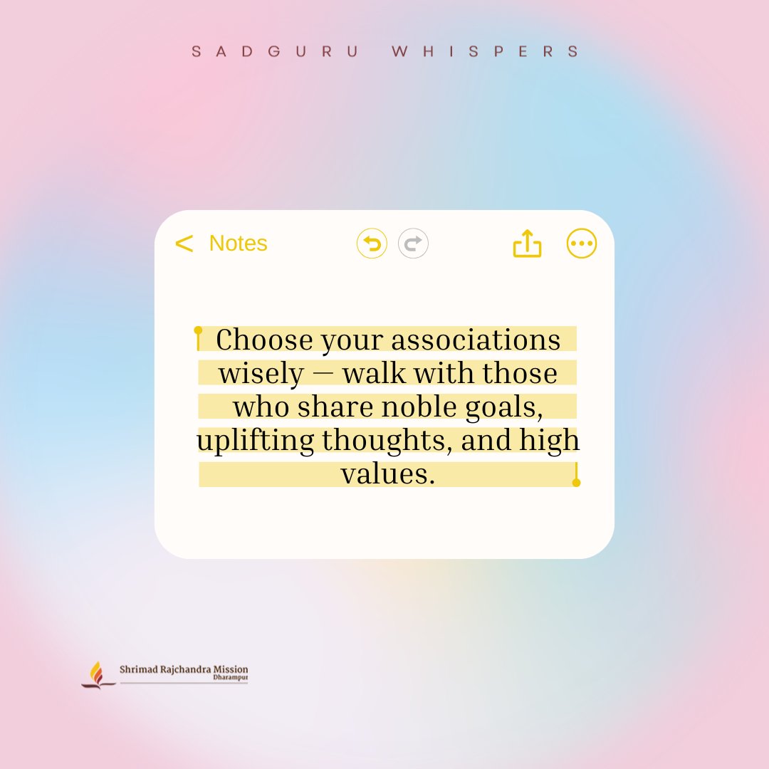 SRMDharampur's tweet photo. Choose your associations wisely — walk with those who share noble goals, uplifting thoughts, and high values.
#SadguruWhispers #Quotes #QOTD #GoodCompany #PositiveInfluence #HighValues #MondayMotivation https://t.co/WsipVSlUkr