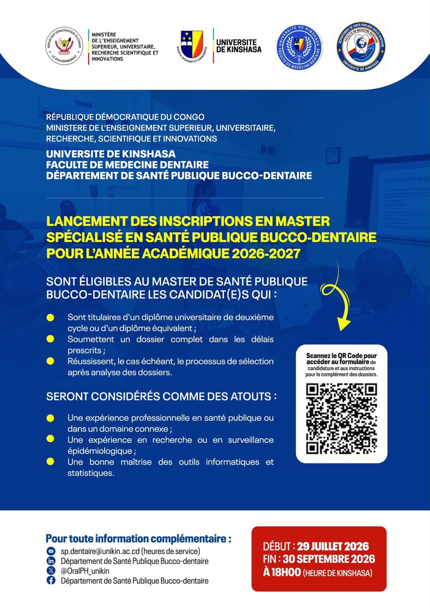 OralPH_unikin's tweet photo. La Faculté de Médecine Dentaire de @UNIKIN annonce l'ouverture de la période des inscriptions (2026-2027) pour le Master spécialisé en Santé Publique Bucco-dentaire du 29/07 au 30/09 2026 à 18h00 (heure de Kinshasa).
Pour toute information complémentaire, scannez le code QR https://t.co/koamQAWphN