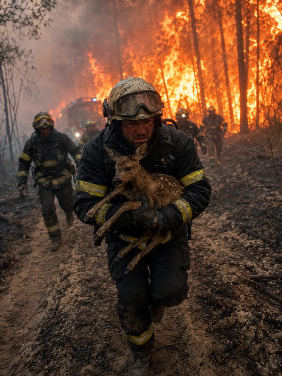 veritebeaute's tweet photo. 💔🥺 Il a risqué sa vie... pour sauver une vie qui ne pouvait pas demander de l'aide.❤🔥

Gironde, France - Alors que les flammes ravageaient les forêts de Gironde, un moment bouleversant a rappelé aux pompiers épuisés pourquoi ils ne cessent jamais de se battre.

En fouillant un bois envahi par la fumée, un pompier a aperçu un jeune cerf terrorisé, piégé entre des arbres en flammes. Sans hésiter, il s'est précipité dans l'épaisse fumée, a pris l'animal tremblant dans ses bras et l'a porté jusqu'à un endroit sûr, tandis que des braises tombaient tout autour d'eux.

Des témoins ont raconté que le jeune cerf, épuisé et incapable de fuir, avait posé sa tête contre l'épaule du pompier. Pendant un bref instant, au milieu de la dévastation, il n'y eut que le silence... et la compassion.

Le jeune cerf a ensuite été relâché dans une zone sécurisée, tandis que les pompiers retournaient sur la ligne de front pour poursuivre leur lutte contre l'incendie de forêt.
