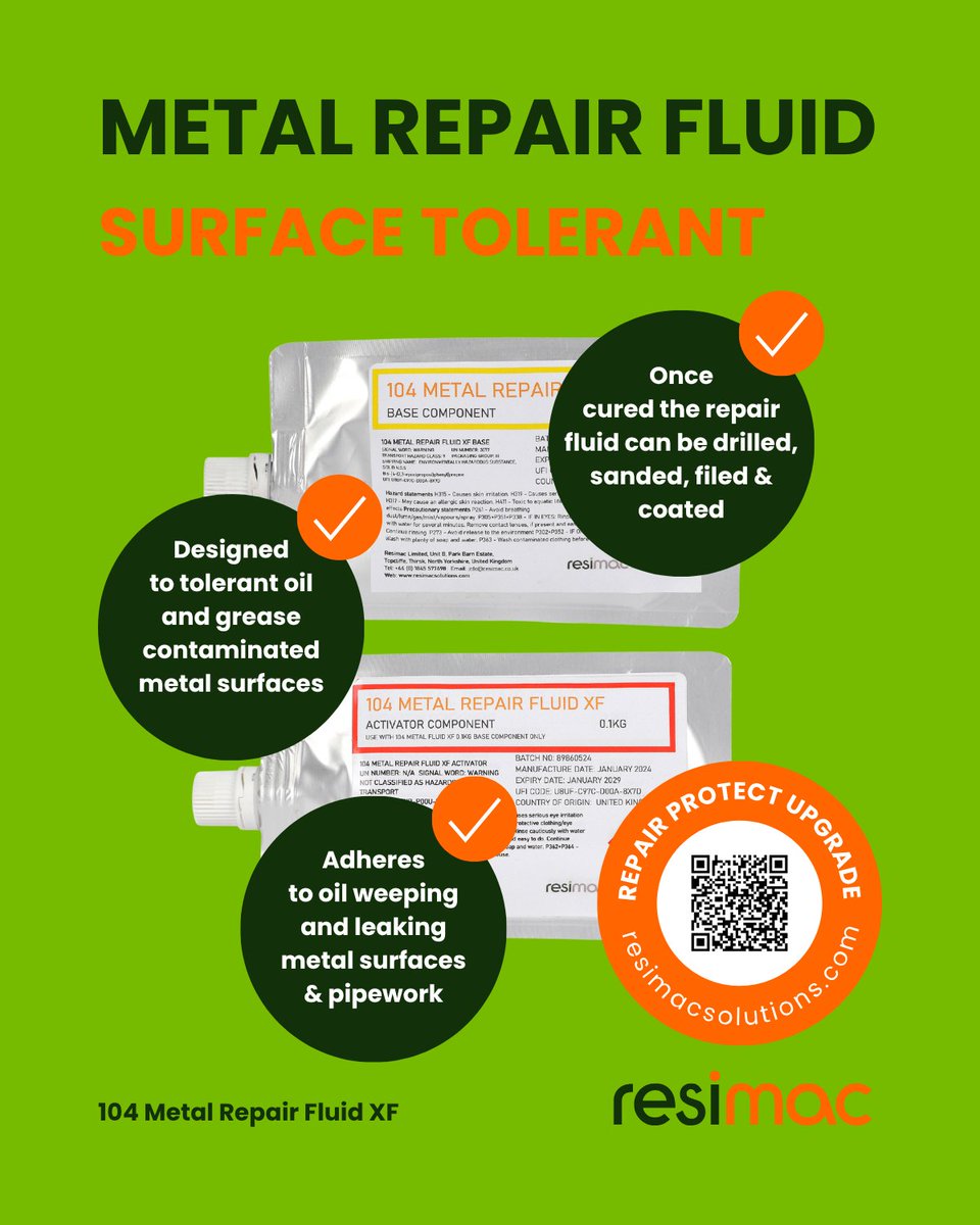 ResimacSA's tweet photo. 104 Metal Repair Fluid XF is a fast curing two component solvent free epoxy metal repair fluid designed for oily surfaces,  range of metallic surfaces where surface preparation is restricted and where the surface is contaminated with oil or grease.
https://t.co/347TqURWyX https://t.co/ooD4uHwalK