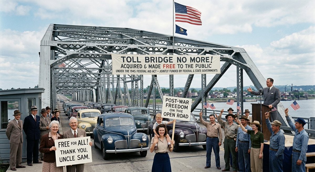 Premierauto1991's tweet photo. Here's an X-friendly version under 200 characters:

🌉 On this day in 1945, federal legislation helped make many toll bridges free, improving postwar travel and expanding America's highway network. 🚗🇺🇸 #OnThisDay #History #Infrastructure #OTD https://t.co/5AsMqVXShX