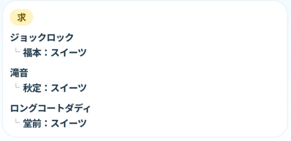 BeanCala's tweet photo. よしもとコレカ 7th 交換

【求】画像一枚目

スイーツカード
　ジョックロック福本
　滝音秋定
　ロングコートダディ堂前

【譲】画像二枚目

郵送希望
レア度によっては1/nのお取引も可能です。気軽にお声がけください https://t.co/foRCVSbwZZ