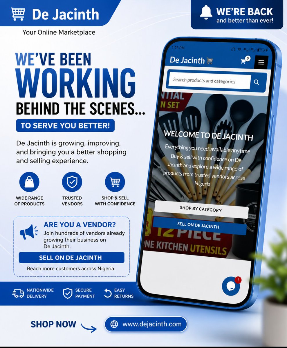 de_jacinth's tweet photo. We’ve been a little quiet… but we’ve been working behind the scenes 👀🔥

De Jacinth is growing, improving, and getting ready to serve you better than ever.

🛍️ More products
🚀 Better experience
💼 Opportunities for vendors

👉 Start selling: https://t.co/PjWSvUvhGm https://t.co/SCdle65cGY