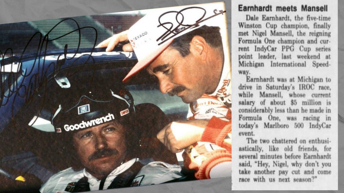 nascarman_rr's tweet photo. On this date in 1993, Dale Earnhardt met Nigel Mansell at Michigan International Speedway

Earnhardt was there for the IROC race while Mansell won the Michigan 500 the following day https://t.co/8alnZ7IPcy