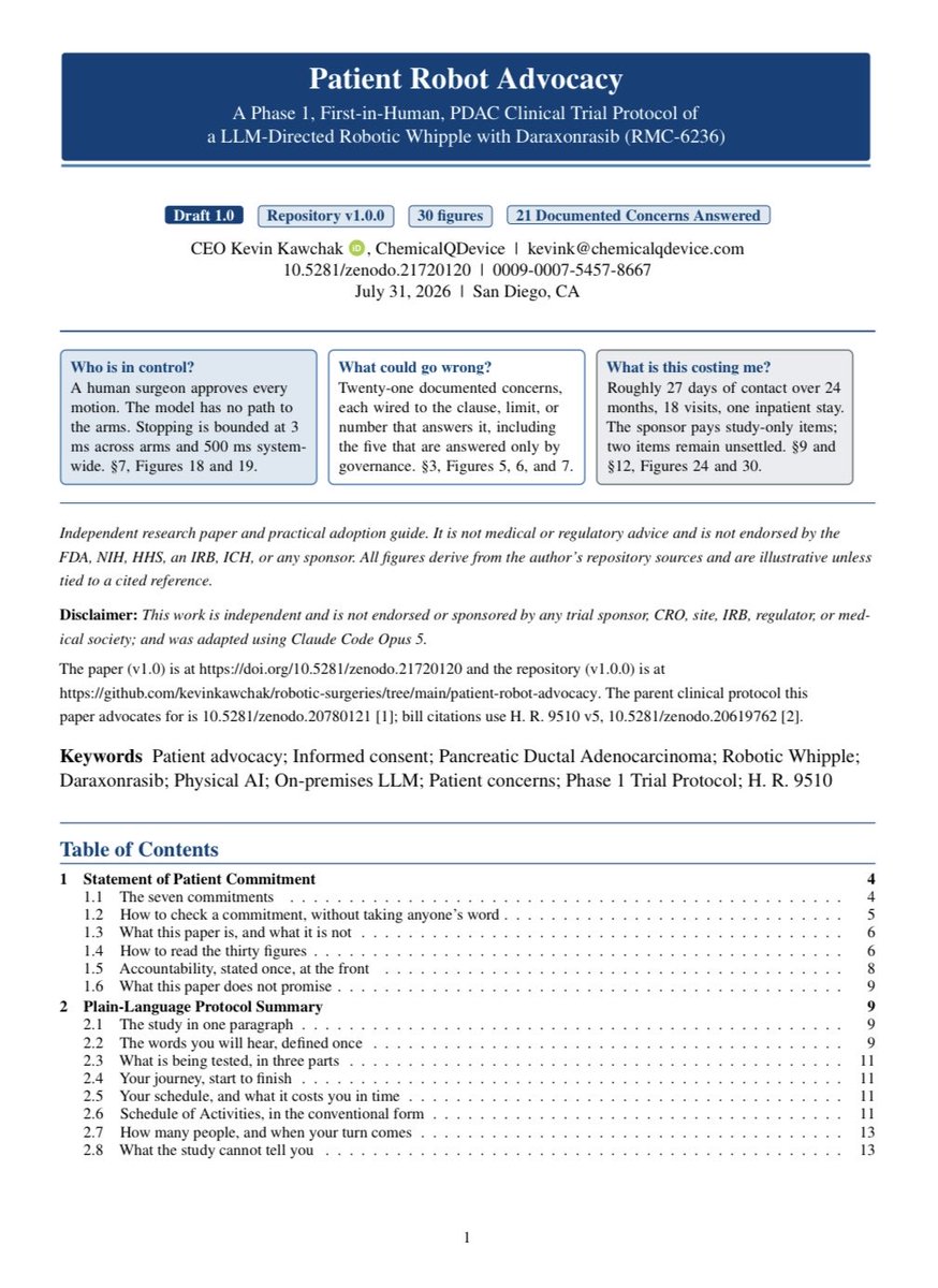 chemicalqdevice's tweet photo. Kawchak K. Patient Robot Advocacy: A Phase 1, First-in-Human, PDAC Clinical Trial Protocol of a LLM-Directed Robotic Whipple with Daraxonrasib (RMC-6236). Draft 1.0. Zenodo; 2026. https://t.co/ZB2oawNwsw. Repository v1.0.0: https://t.co/NSbpufIOya. https://t.co/gFYAhoS9jz