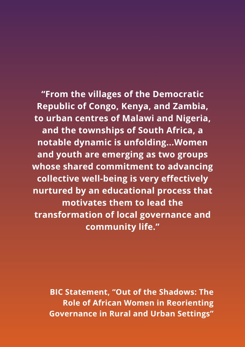 BahaiBIC's tweet photo. To mark Pan-African Women’s Day, the BIC Addis Ababa Office has released a new statement: "Out of the Shadows: The Role of African Women in Reorienting Governance in Rural and Urban Settings." 

The statement reflects on the indispensable role of African women in shaping governance and the collective well-being of their communities, calling for a fundamental re-examination of the assumptions that govern human relations.

"...the real task ahead lies in reorienting the structures, processes, and social dynamics through which society organizes itself, so that the capacities of all its members can contribute to collective prosperity."

Drawing from roundtable discussions hosted by our Office and experiences from across the continent, the statement explores how more inclusive patterns of governance can emerge through cooperation, consultation, and collective learning.

Read the full statement here: https://t.co/TQ3ShtA6lZ

#GenderEquality #Governance #Africa #BIC #Agenda2063 #PanAfricanWomensDay