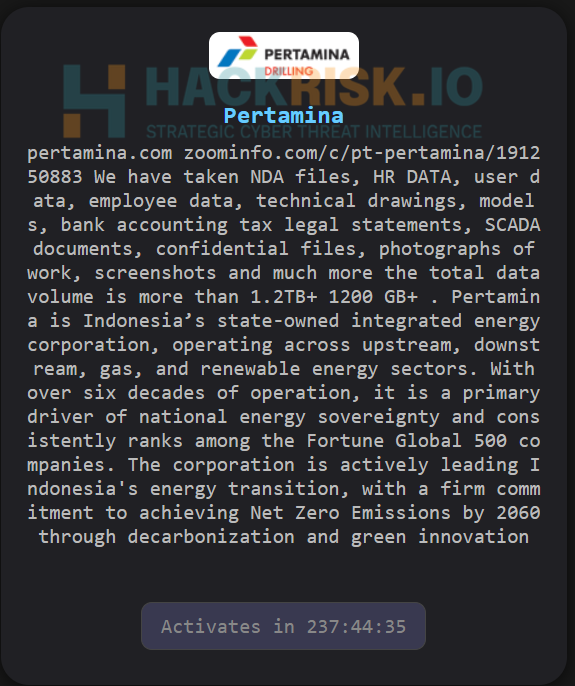 H4ckmanac's tweet photo. 🚨Cyber Alert ‼️

🇮🇩Indonesia - 𝗣𝗧 𝗣𝗲𝗿𝘁𝗮𝗺𝗶𝗻𝗮

The Gentlemen ransomware group claims to have stolen more than 1.2 TB of data from PT Pertamina.

Threat actor: The Gentlemen
Sector: Energy / Utilities
Data exposure (claimed): More than 1.2 TB of data
Data type: NDA files, HR records, user and employee data, technical drawings, engineering models, bank accounting records, tax and legal documents, SCADA documentation, confidential files, photographs, and screenshots
Observed: Jul 31, 2026
Status: Pending verification
ESIX©: 6.36

Full details and impact assessment on https://t.co/eB7qgxKFAa
