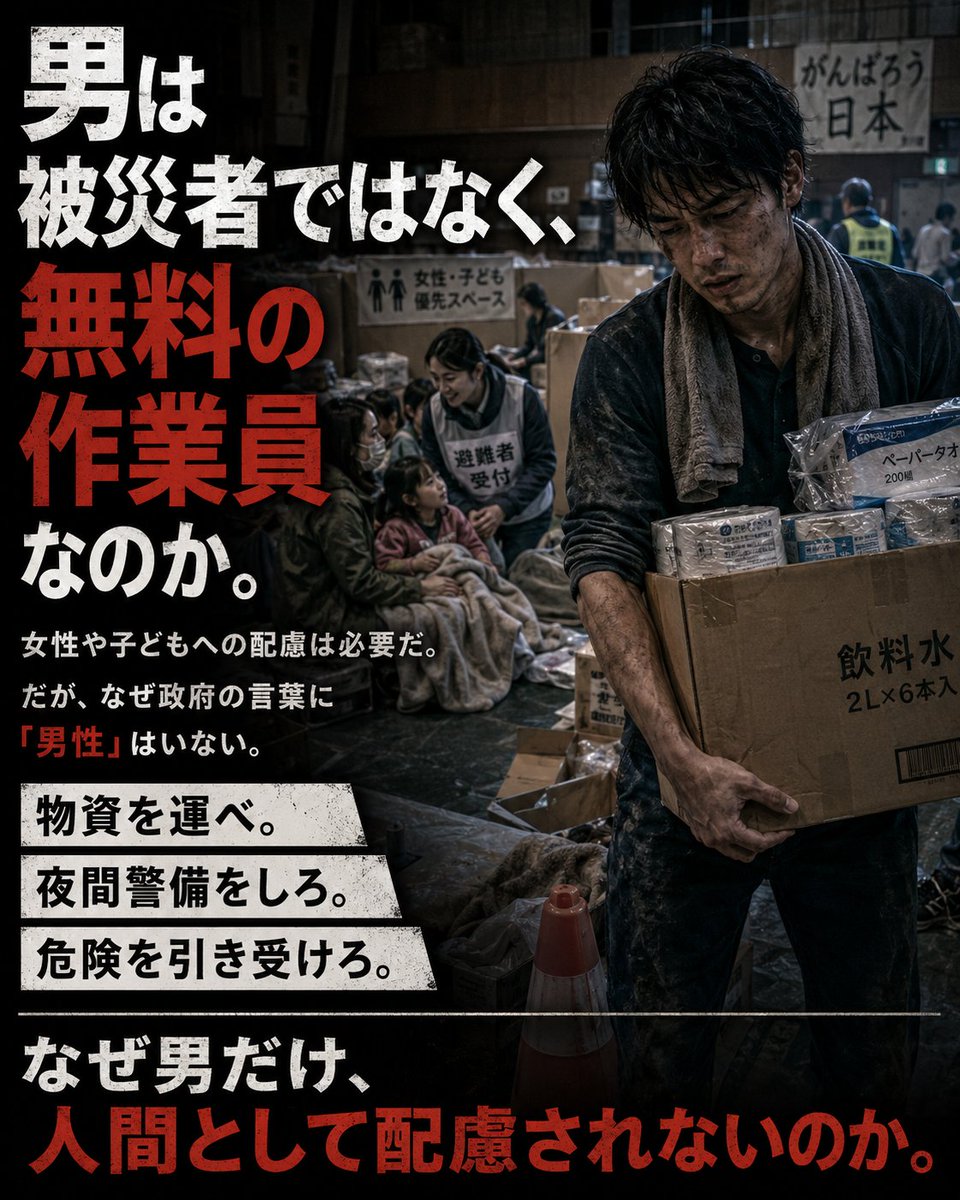 marriage_ja's tweet photo. @asahi 男は被災者ではなく、無料の作業員なのか

必要なときだけ働かされ、苦しんでも存在すら呼ばれない

男は労働力でも、盾でも、使い捨ての駒でもない

なぜ男だけ、人間として配慮されないのか https://t.co/UTiG8p7R6K