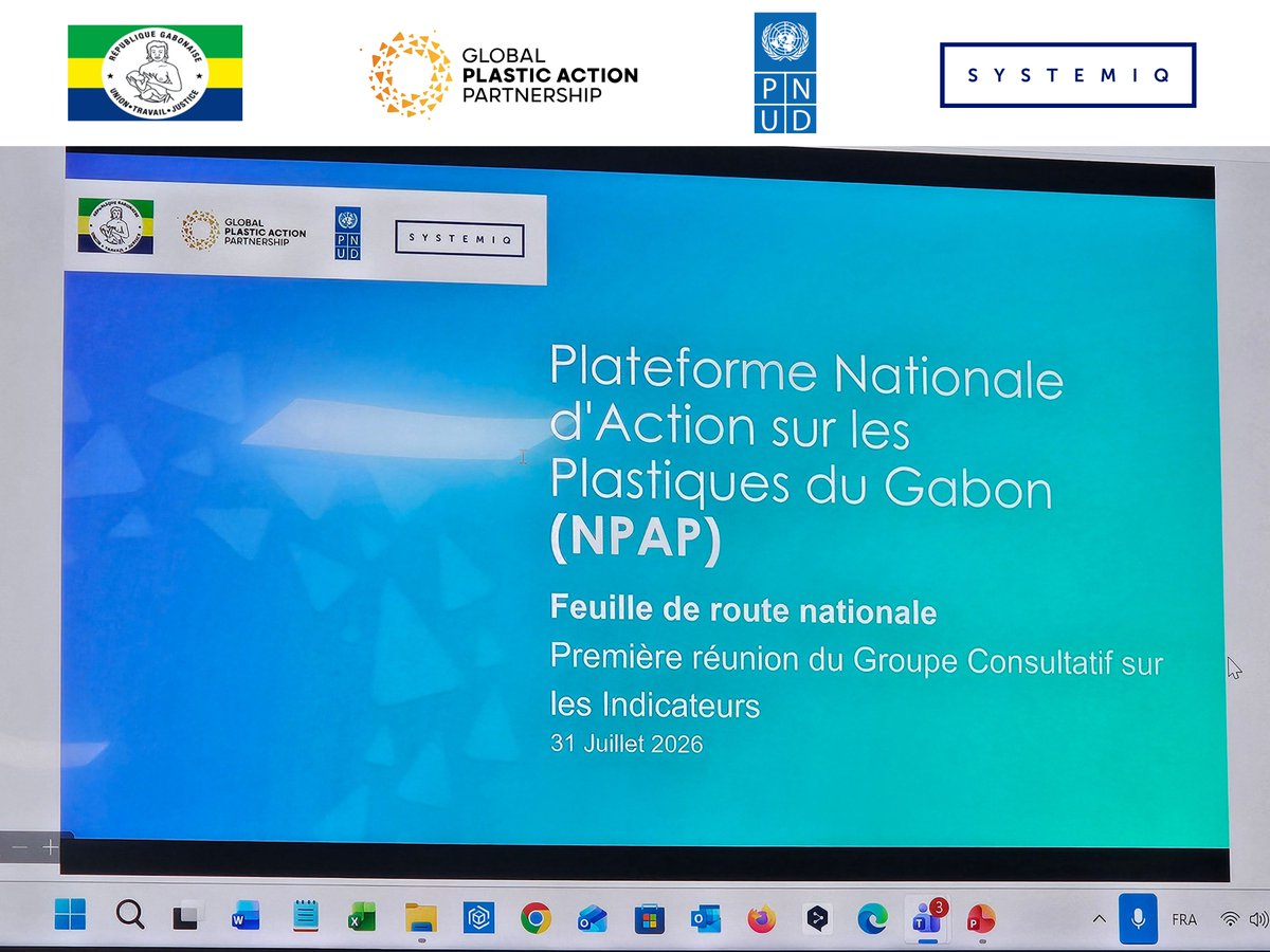 undpgabon's tweet photo. [Lancement officiel des travaux du NPAP Gabon]
Le Gabon officialise l'élaboration de sa feuille de route #NPAP, suite à son adhésion au #GPAP du WEF en février 2025.

Réunie ce 31 juillet pour sa première session (MAG 1), la réunion a permis de discuter des analyses préliminaires sur les volumes de déchets. La feuille de route finale sera achevée à l'issue de trois sessions.  

L'initiative est placée sous la tutelle du @ForetmerGOUVGA , en collaboration avec le @wef(Forum Économique Mondial), le partenaire technique @SYSTEMIQ_Ltd et le @undpgabon .

#GPAP #NPAPGabon #PNUD #WEF #PlasticPollution #Gabon #SustainableDevelopment