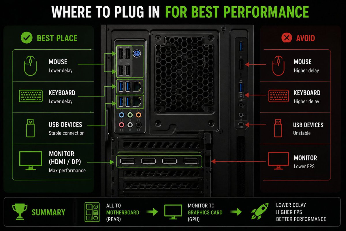RebzyTweaks's tweet photo. 99% of gamers connect their PCs this way… and lose performance for no reason.

Simply connect your devices to the right ports for:

✅ More stable USB connections
✅ Lowest possible input latency
✅ Maximum GPU performance (monitor connected to the GPU)

Visual guide below 👇 https://t.co/TibbOFGM6H