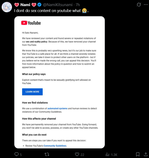 ElaraVtuber's tweet photo. Woke up this morning to see several Vtubers Youtube Channels outright terminated. Is there a ban wave going on or something?

Youtube has a history of wrongful strikes and/or terminations left to an automated system that doesn't know what it's doing. Trying to appeal offers no real help and will be denied quickly by this same system.

Please take a moment to support these Vtubers and @/teamyoutube if you would like to help them.

Let me know if you have had an issue of your own with Youtube