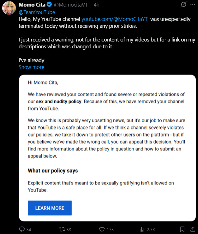 ElaraVtuber's tweet photo. Woke up this morning to see several Vtubers Youtube Channels outright terminated. Is there a ban wave going on or something?

Youtube has a history of wrongful strikes and/or terminations left to an automated system that doesn't know what it's doing. Trying to appeal offers no real help and will be denied quickly by this same system.

Please take a moment to support these Vtubers and @/teamyoutube if you would like to help them.

Let me know if you have had an issue of your own with Youtube