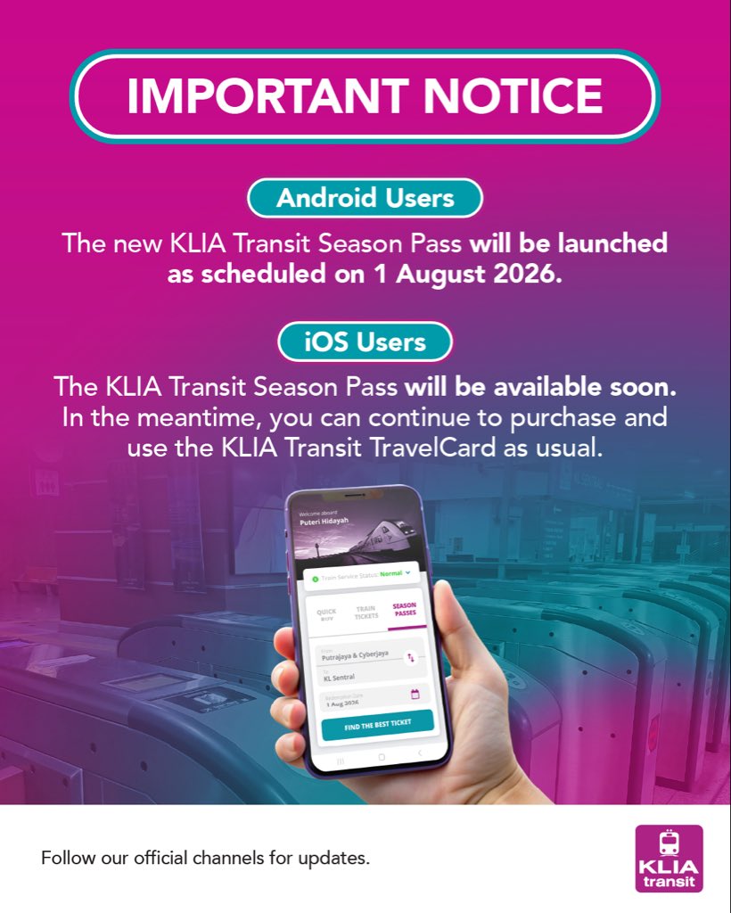 KLIAekspres's tweet photo. KLIA Transit Season Pass Update 🚨
iOS users: Thank you for your patience as we work to bring the Season Pass to you soon. Stay tuned to our official channels for the latest updates.
#KLIATransit #ERL #SeasonPass #TravelMadeEasy #PublicTransport
#AirportRail https://t.co/lymQ2ozff3