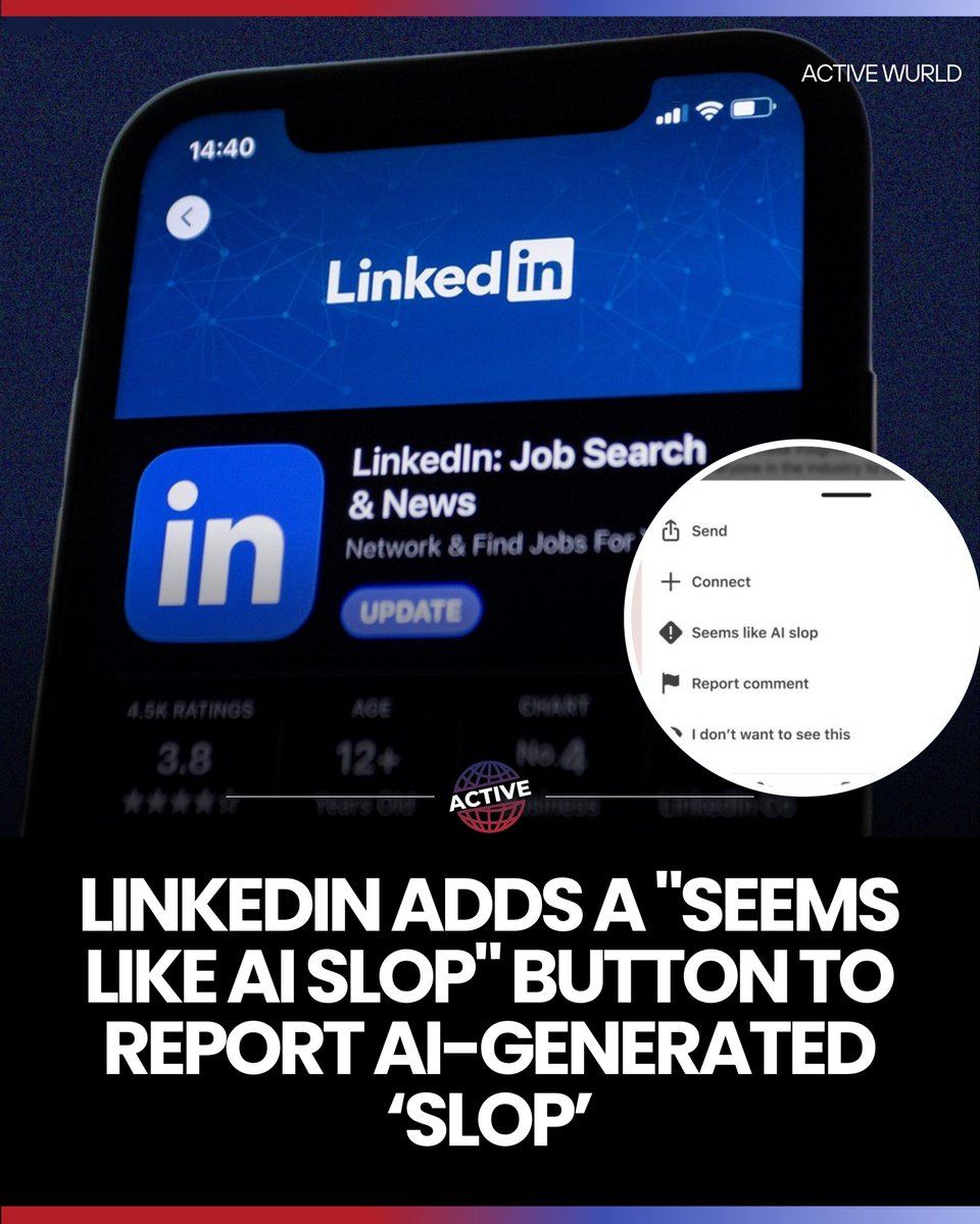 Activewurld_'s tweet photo. LinkedIn is introducing a new reporting tool to help reduce low-quality AI-generated content across its platform.

Users can now report posts using a "Seems like AI slop" option if they believe content was heavily generated by artificial intelligence.

 The Microsoft-owned platform is also retiring its AI-powered post enhancement feature in favor of a proofreading tool that corrects spelling and grammar without changing a user's writing style, while expanding its bot detection and content moderation systems to promote more authentic conversations.