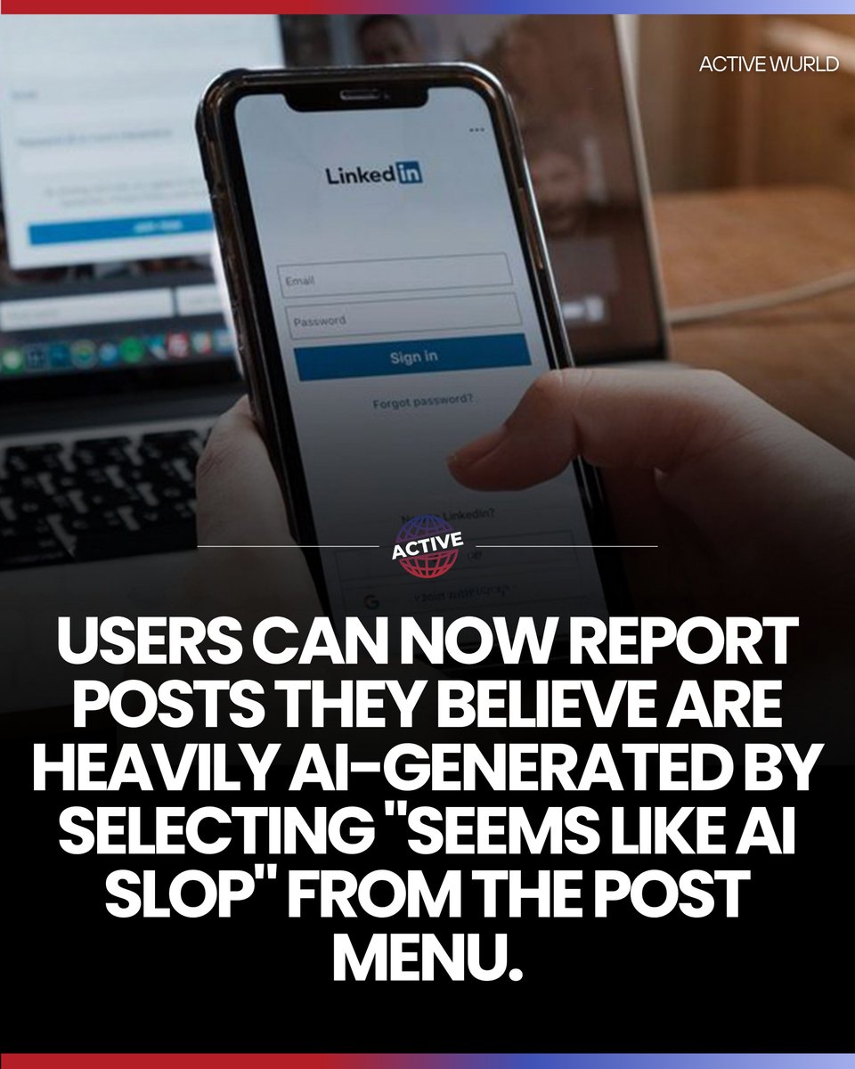Activewurld_'s tweet photo. LinkedIn is introducing a new reporting tool to help reduce low-quality AI-generated content across its platform.

Users can now report posts using a "Seems like AI slop" option if they believe content was heavily generated by artificial intelligence.

 The Microsoft-owned platform is also retiring its AI-powered post enhancement feature in favor of a proofreading tool that corrects spelling and grammar without changing a user's writing style, while expanding its bot detection and content moderation systems to promote more authentic conversations.