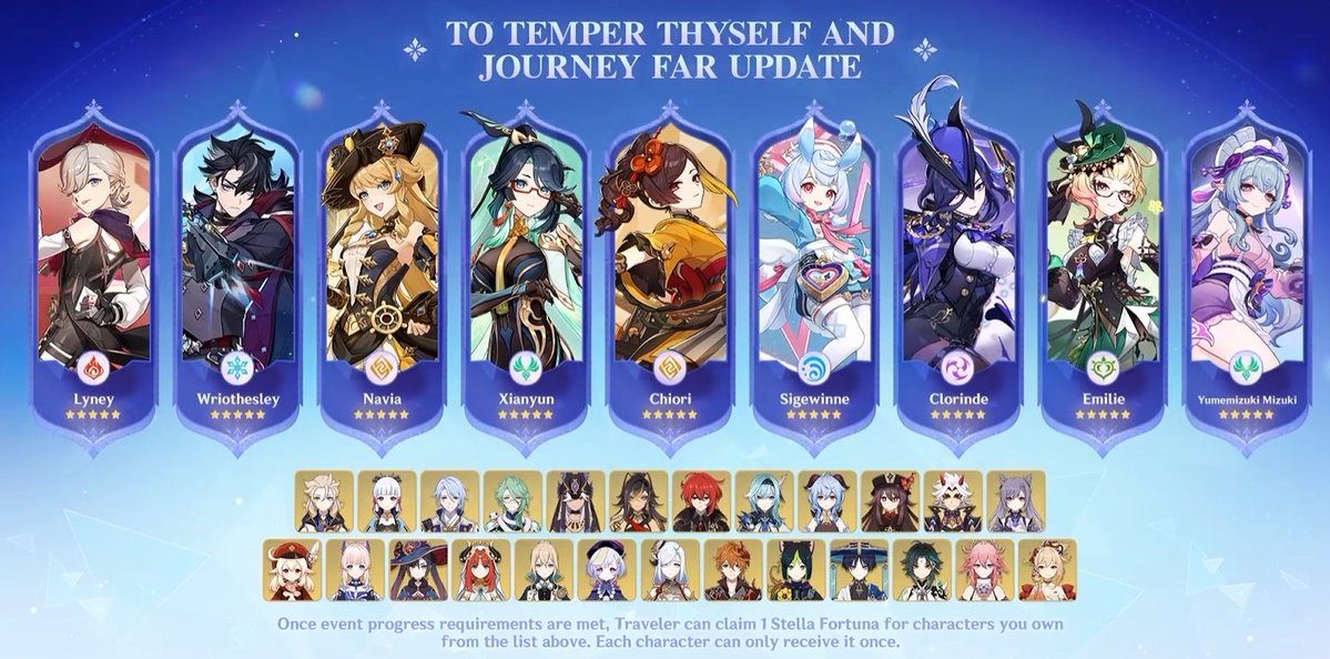 genshinmains_'s tweet photo. TO TEMPER THYSELF AND JOURNEY FAR UPDATE WITH NEW CHARACTERS!

#Snezhnaya #GenshinImpact #Navia #Chiori #Emilie #Xianyun #Clorinde https://t.co/Si0YyRbYxl