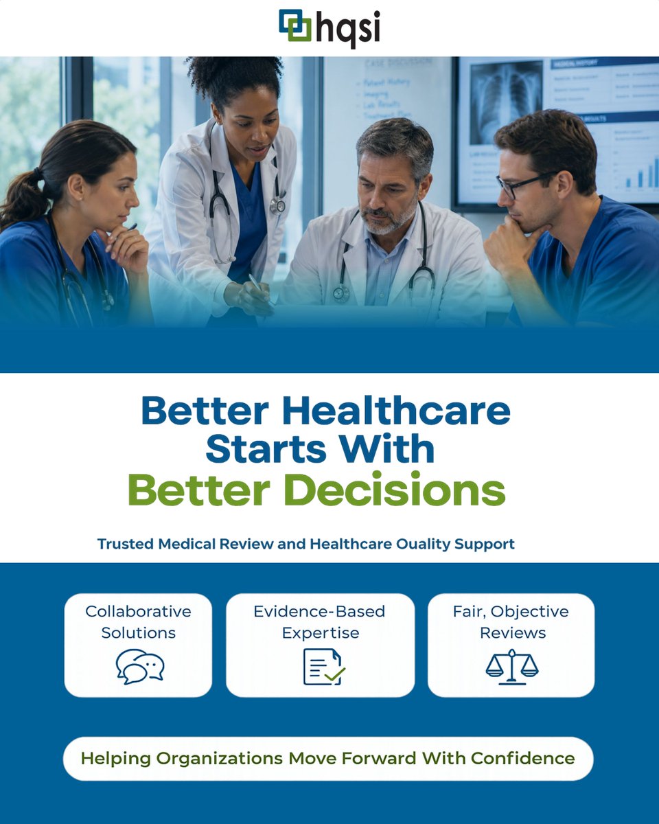 HQSICorp's tweet photo. Better healthcare decisions begin with trusted expertise. HQSI combines collaboration, innovation, and independent review to help organizations improve quality and patient outcomes. #HQSI #Healthcare #MedicalReview https://t.co/Jj3eRpLcLX