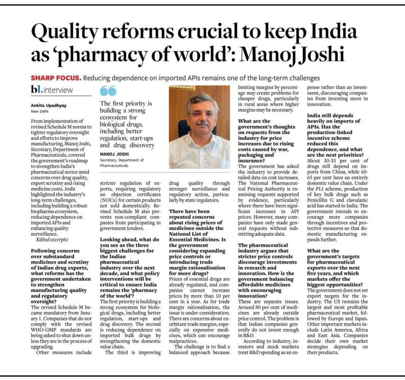 Pharmadept's tweet photo. Shri Manoj Joshi, Secretary, Department of Pharmaceuticals Speaks with the Hindu Business Line

#DoP #Bulkdrugs #Pharmaceuticals https://t.co/K1rem0dak1