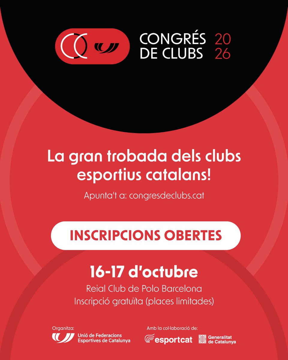 UFECcat's tweet photo. 📣 OBRIM INSCRIPCIONS per al Congrés de Clubs 2026!

La gran trobada dels clubs esportius catalans arriba el 📍 16 i 17 d'octubre al @RCPoloBarcelona. Dos dies per canviar la manera de liderar un club.

Què hi trobaràs?
🎙️ Una quarantena de ponents experts, com @NuriaPicas, @AnderSkeleton, @stefi_batlle i Jose Coronado, entre altres.
🧭 Quatre eixos: lideratge responsable, sostenibilitat financera, innovació i IA, i impacte i comunitat.
🤝 Casos d'èxit reals explicats per directius de clubs.

Un congrés per impulsar la transformació, la professionalització i el lideratge de les entitats esportives del país. Inscripció gratuïta i places limitades.

👉 Apunta-t'hi a https://t.co/mSY5faeaVU

Amb el suport d'@esportcat.
#CongresDeClubs26 #ClubsEsportius #SomEsport #Som850mil #EsportCatalà