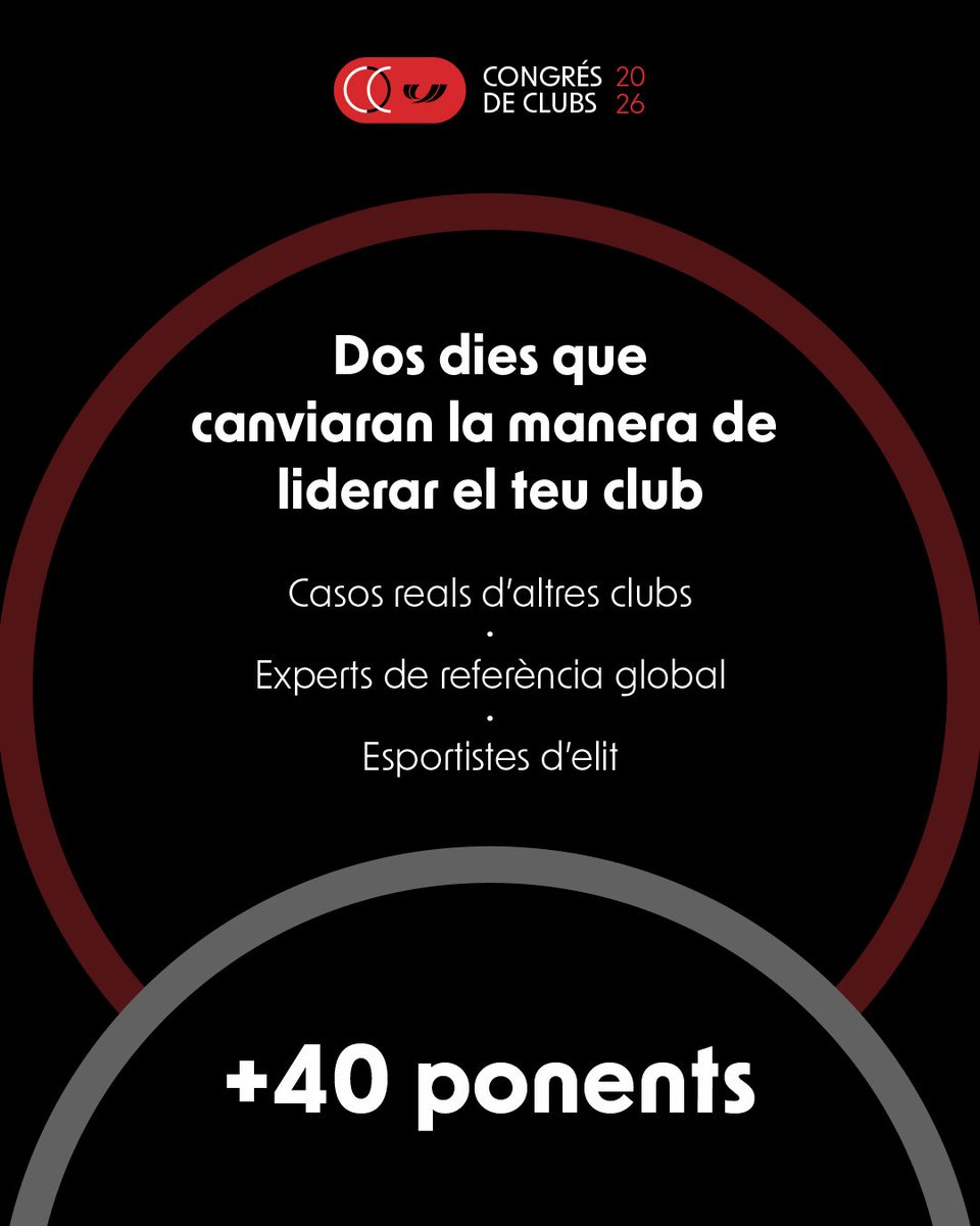 UFECcat's tweet photo. 📣 OBRIM INSCRIPCIONS per al Congrés de Clubs 2026!

La gran trobada dels clubs esportius catalans arriba el 📍 16 i 17 d'octubre al @RCPoloBarcelona. Dos dies per canviar la manera de liderar un club.

Què hi trobaràs?
🎙️ Una quarantena de ponents experts, com @NuriaPicas, @AnderSkeleton, @stefi_batlle i Jose Coronado, entre altres.
🧭 Quatre eixos: lideratge responsable, sostenibilitat financera, innovació i IA, i impacte i comunitat.
🤝 Casos d'èxit reals explicats per directius de clubs.

Un congrés per impulsar la transformació, la professionalització i el lideratge de les entitats esportives del país. Inscripció gratuïta i places limitades.

👉 Apunta-t'hi a https://t.co/mSY5faeaVU

Amb el suport d'@esportcat.
#CongresDeClubs26 #ClubsEsportius #SomEsport #Som850mil #EsportCatalà