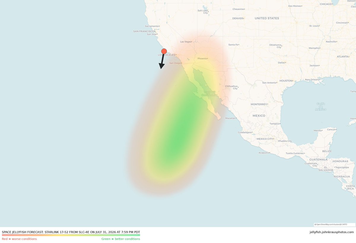 spacejellyalert's tweet photo. Space jellyfish alert!

Starlink 17-52 from SLC-4E in California on July 31, 2026 at 7:59:28 PM PDT could produce a space jellyfish. This occurs when a rocket and its expanding exhaust plumes are illuminated by the sun and observers are in local darkness.

The rocket will enter sunlight 00m00s after launch.

See a detailed prediction for your location: https://t.co/KIadNi37so

Information as of 2026-07-31 12:53 UTC