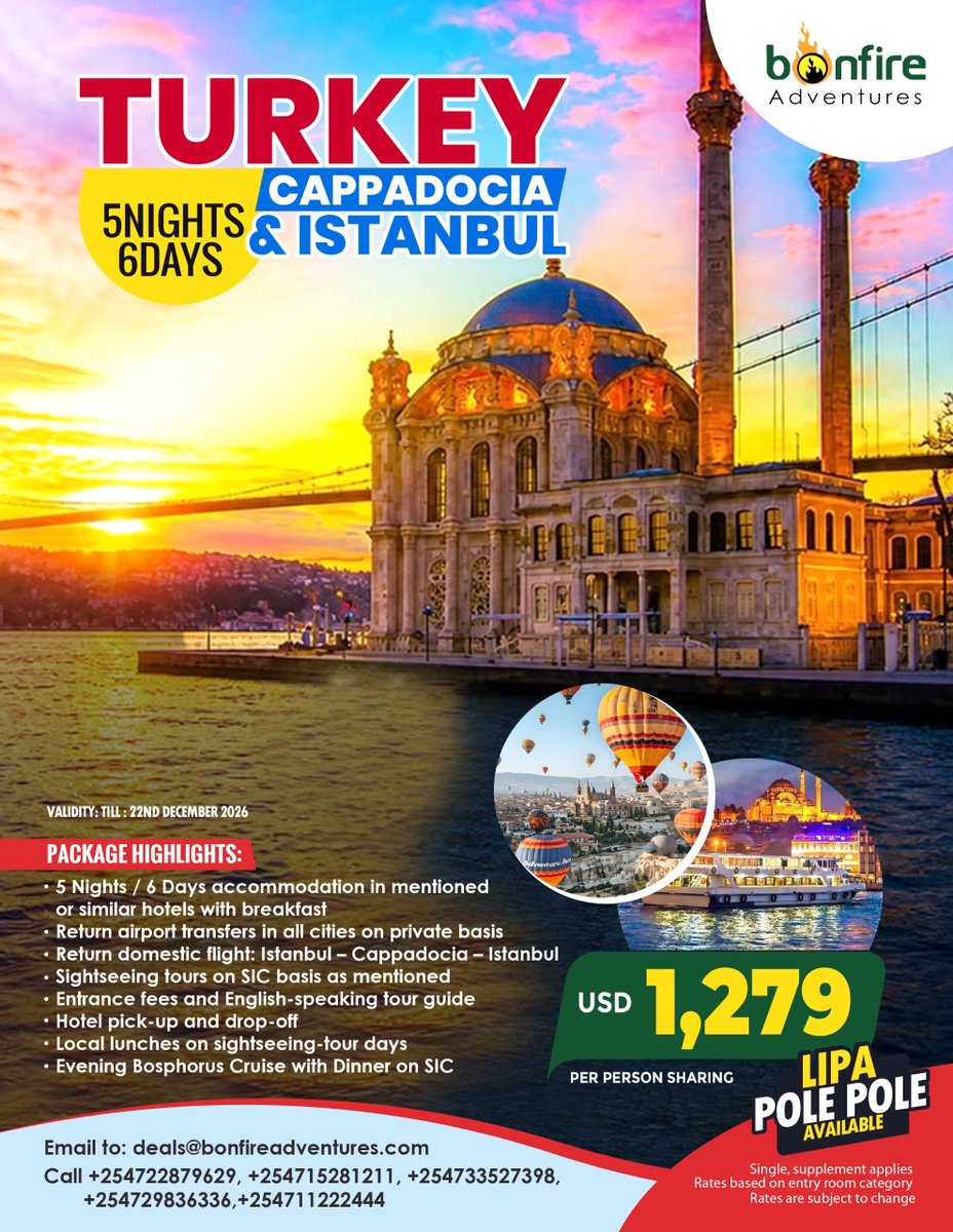 BonfireSafaris's tweet photo. 🇹🇷 Turkey – Cappadocia &amp; Istanbul
✨ From magical hot air balloons in Cappadocia to sunset cruises along the Bosphorus, Turkey is calling! 🇹🇷

 Book now: 0711 222 444

#TurkeyWithBonfire #Cappadocia #Istanbul #TravelGoals #BonfireAdventures https://t.co/lvyjTzkPbX