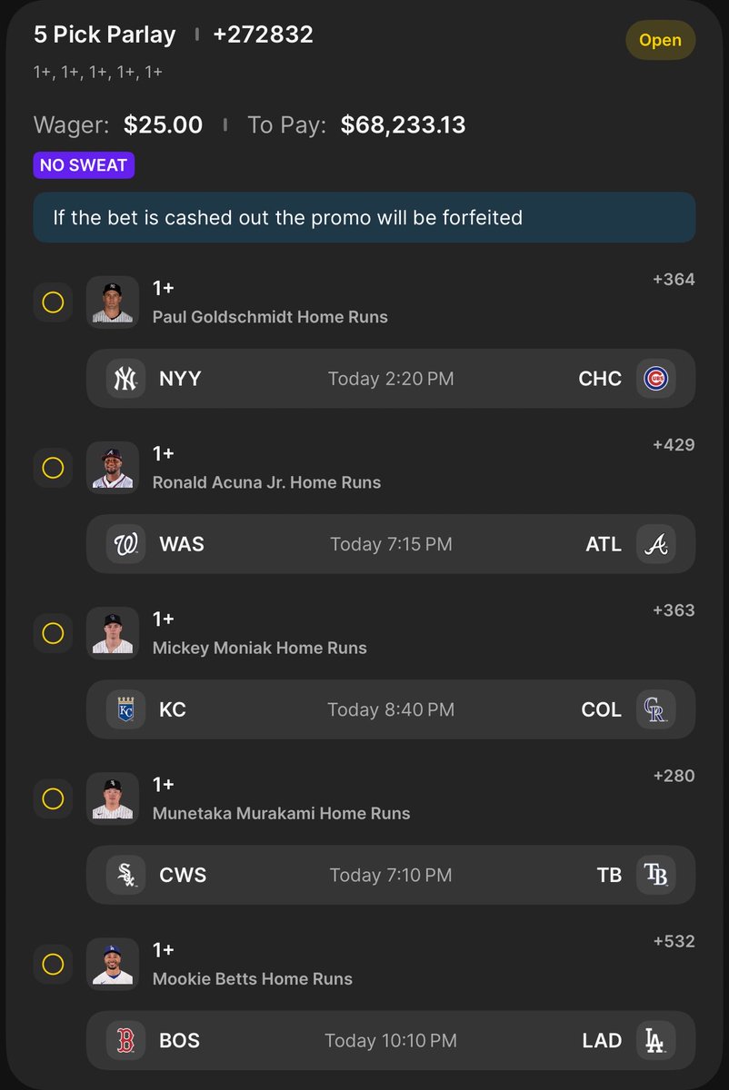 ProfitDawg's tweet photo. DK gave out a no sweat today so why not max it out?????

Home Run Parlay Picks⬇️

Paul Goldschmidt⚾️

Ronald Acuna Jr.⚾️

Mickey Moniak⚾️

Munetaka Murakami⚾️

Mookie Betts⚾️ https://t.co/q4BqNsW8Sr