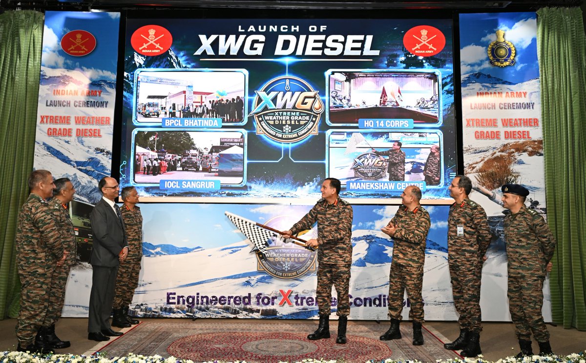 adgpi's tweet photo. #GeneralDhirajSeth, #COAS, today launched Xtreme Weather Grade (XWG) Diesel, an indigenous innovation developed jointly by the Indian Army and Oil Marketing Companies. Designed for reliable performance in extreme cold, the specialised fuel remains effective at temperatures as low as Minus 42°C, preventing fuel waxing and gelling to ensure enhanced mobility, safety and operational readiness of combat and logistics vehicles in high-altitude terrain.

Compliant with BS-VI and IS 1460:2025 standards, XWG Diesel is fully compatible with the Indian Army's existing vehicle fleet, requiring no engine modifications or re-homologation. Beyond strengthening operational capability in extreme climatic conditions, the technology also offers significant civilian applications in high-altitude and severe winter regions, marking another important milestone in indigenous innovation and advancing the vision of #AtmanirbharBharat.

#IndianArmy 
#XWGDiesel 
#HighAltitude 
#NationFirst 

@DefenceMinIndia
@SpokespersonMoD
@PetroleumMin