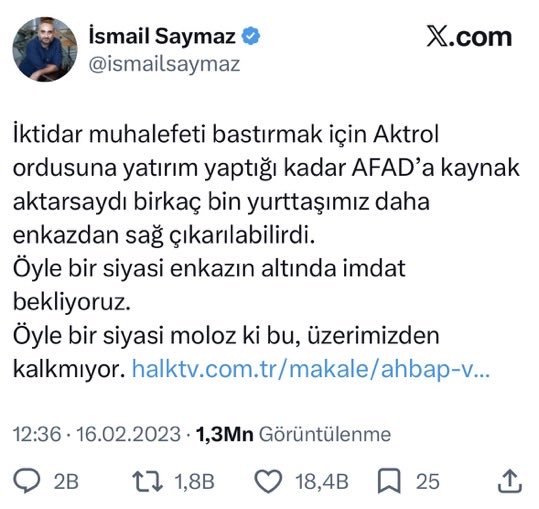 ademtaflan55's tweet photo. İsmail Saymaz'ın deprem dönemi paylaşımları
Fırsat bulduklarında devlet kurumlarını hedef alıyorlar https://t.co/BfTcs199Lk
