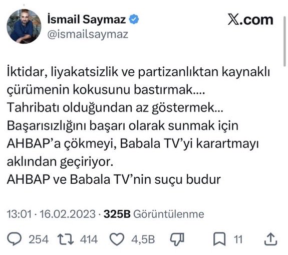 ademtaflan55's tweet photo. İsmail Saymaz'ın deprem dönemi paylaşımları
Fırsat bulduklarında devlet kurumlarını hedef alıyorlar https://t.co/BfTcs199Lk