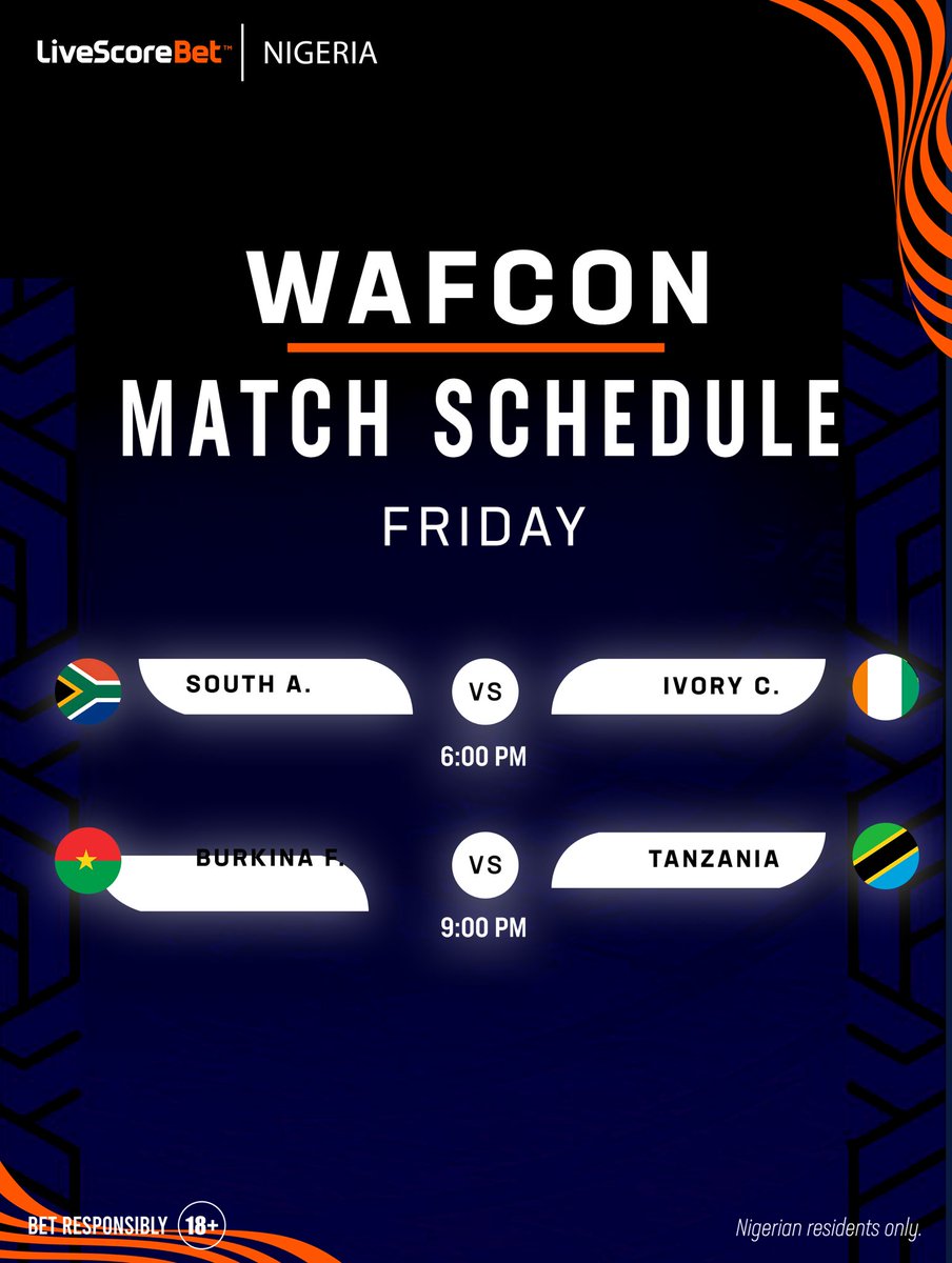 LivescorebetNG's tweet photo. 🏆 Group B action heats up tonight! 🌍⚽️ 

South Africa takes on Ivory Coast at 6 PM, followed by Burkina Faso vs. Tanzania at 9 PM. 

Who takes the three points? 👇

⚠️ Nigerian residents only. 🔞
 #18+ #PlayResponsibly #Wafcon #Wafcon2026 https://t.co/rAQsr72nAy