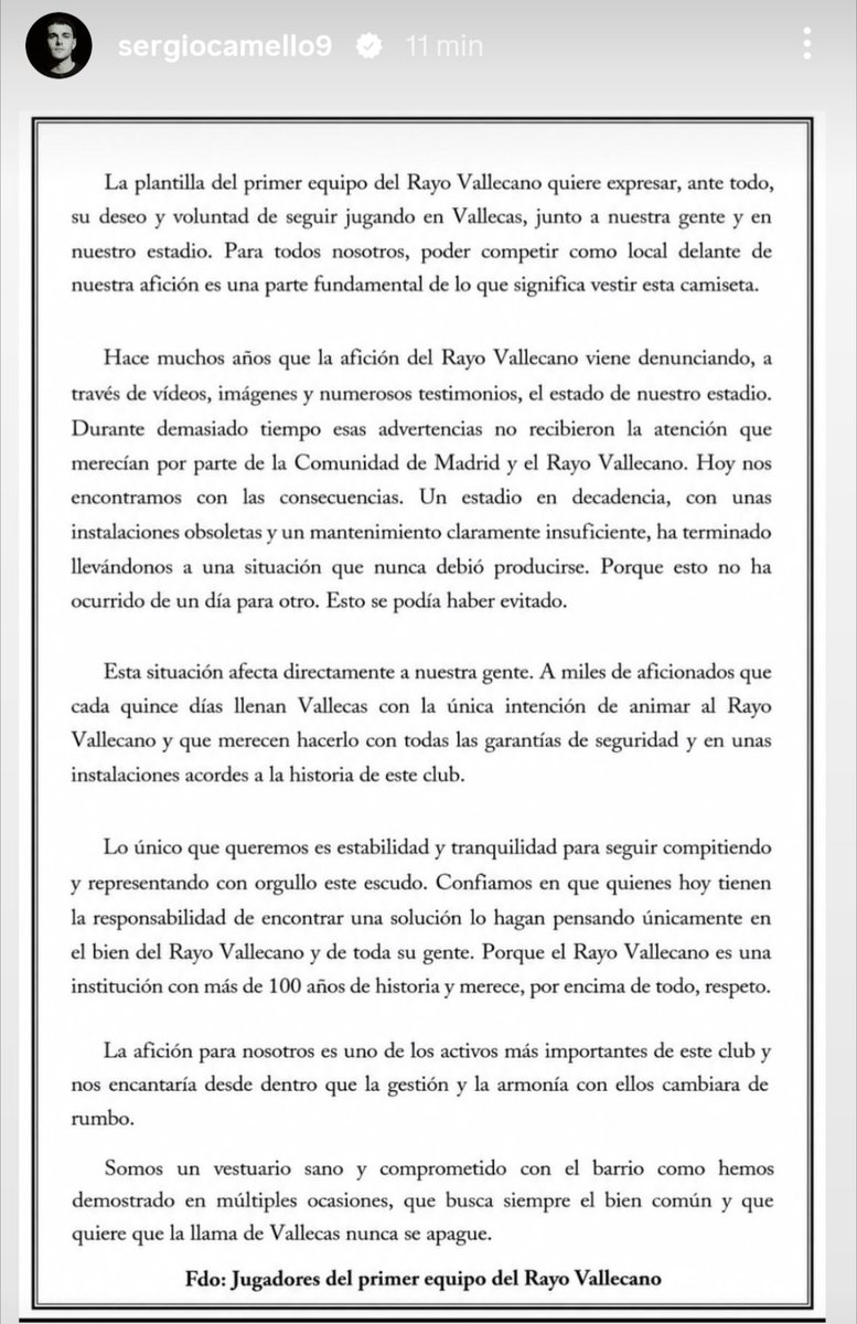 RadioTaronja_'s tweet photo. #RivalVCF
ℹ️ Mensaje de la plantilla del Rayo Vallecano ante el estado del estadio de Vallecas. https://t.co/IHlQ3nlWTh