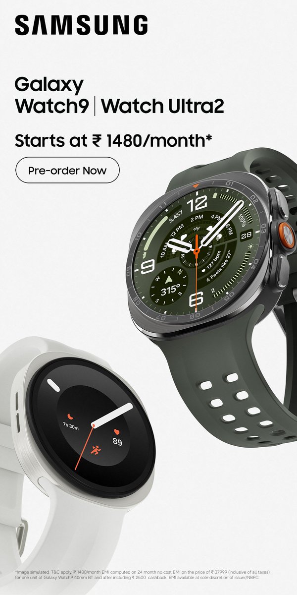 Gadgetsdata's tweet photo. Galaxy Watch Ultra 2 gets :

✅ 1.52" display with the world's brightest 5,000-nit display 🔆
✅ Qualcomm Snapdragon Wear Elite platform
✅ Massive 800mAh battery with up to 60 hours of Always-On Display
✅ Slimmer titanium design with enhanced comfort
✅ Up to 40m dive support with Auto Dive Detection
✅ Trail Run mode, Sweat Loss Tracking & Nutrition Alert

The all-new Galaxy Watch Ultra2 is available for pre-order at just ₹2,563/month

Galaxy Watch 9 gets :

✅ Gemini Raise to Talk for hands-free AI assistance
✅ 3,000-nit bright display 🔆
✅ Qualcomm Snapdragon Wear Elite platform
✅ Lighter and more comfortable than Galaxy Watch8
✅ AI-powered wellness features including Heart Health Score, Fitness Index, Daily Cardio Load, Vitals, Hearing insights, and an updated Sleep Apnea feature
✅ Bluetooth 6, NFC & Dual GPS

The all-new Galaxy Watch9 is available for pre-order at just ₹1,480/month

#GalaxyWatch9 #GalaxyWatchUltra2 #GalaxyUnpacked #GalaxyAI #Samsung