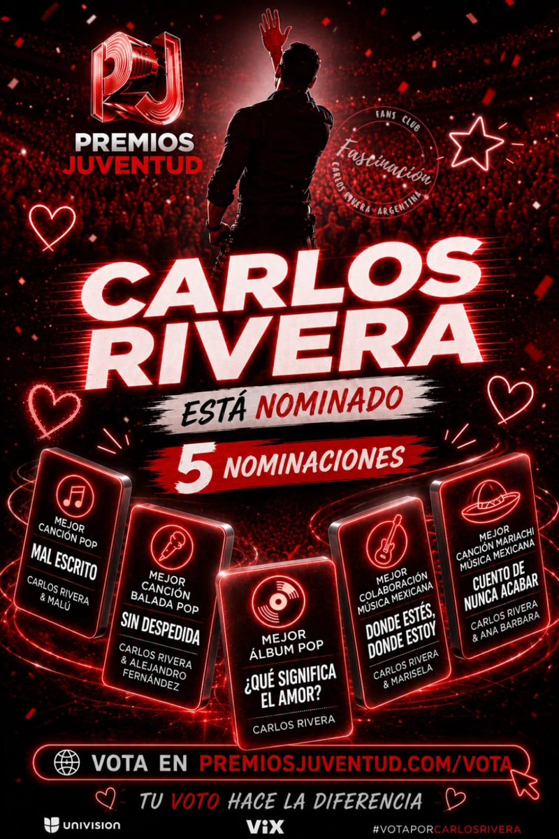 FascinacionFC's tweet photo. @PremiosJuventud @_CarlosRivera  recibió 5 nominaciones, un reconocimiento más a su trayectoria y a todo el amor que pone en su música. 💖
Votá por Carlos acá:
https://t.co/R9MRoplppT
@riveristashq 💖💖
 @FascinacionFC 🇦🇷 https://t.co/LR0qegtFhB