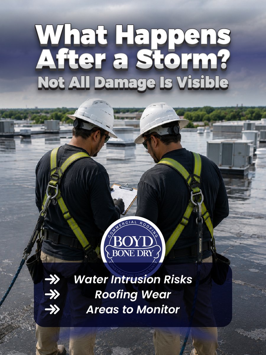 BoydBoneDry's tweet photo. The Storm May Be Over, But the Roof Tells the Story ⛈️

After severe weather moves through DFW, commercial roofs can be left with issues that aren't immediately obvious.

Schedule a roof evaluation at https://t.co/D51kfyJWwx

#BoydBoneDry #MansfieldTX #FortWorth #Dallas #DFW https://t.co/xwEKFQHaE6