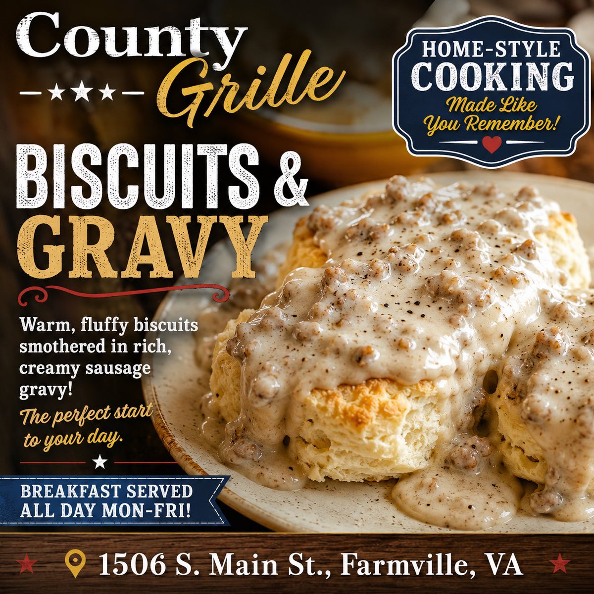 countygrillef's tweet photo. 🥛🍳 Biscuits & Gravy
Warm, fluffy biscuits smothered in rich, creamy sausage gravy… now THAT’S how you start the day! ❤️
1506 S. Main St., Farmville, VA
🍳 Breakfast served all day Monday–Friday!
#CountyGrille #BiscuitsAndGravy #Breakfast #FarmvilleVA #HomeStyleCooking https://t.co/gSxaHl3XzJ