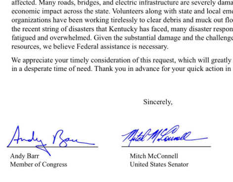 adamscochran's tweet photo. McConnell's office had a press release highlighting McConnell's signature of a letter about disaster assistance for the state of Kentucky.

McConnell claims to be in rehab only for mobility issues, but has a gorgeous signature...

An autopen signature is perfectly legal if a Senator of *sound mind* directed his staff to apply his signature.

But @AndyBeshearKY can't get any contact with McConnell.

Now we have to ask ourselves:

-Has someone applied the signature of a sitting Senator, on a state matter, without the appropriate knowledge and consent?

McConnell's staff continue to defraud the American people, by hiding the severity of their bosses condition, so they can ride out the remaining term on tax payer dollars.
