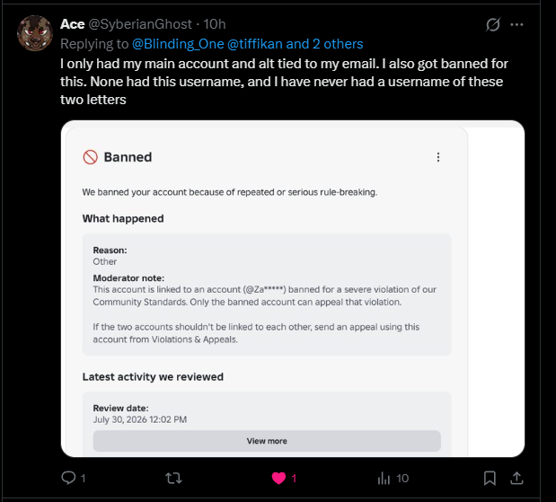 tiffikan's tweet photo. ⚠️WARNING⚠️ All Roblox community: We need to reach out to @roblox to fix the AI ​​moderation glitch called Enforcement Bans. 

🚨🙏Repost your bans and this post so ROBLOX can see us🙏🚨

This issue has resurfaced since July 30-31, with thousands of people and developers receiving this ban on their accounts and unable to appeal it.

The problem itself began much earlier, even before this ban wave, in October 2025, and continues to this day. It is most likely caused by the system incorrectly recognizing the public IP address provided by public Wi-Fi! Because of this, people are being incorrectly banned. This has affected many people who used public Wi-Fi in a public place and then received an erroneous permanent ban for linking to an unknown account. Also, due to a glitch, not everyone sees a violation in the Violations & Appeals window, although it should appear for everyone banned for an alt account. Since, after contacting support, the moderators ask everyone to use it. This window

My account @tiffikan was also affected by this glitch. I was banned on March 3rd for linking to an unknown account I don't own. I didn't see the appeal window on the V&A page. When I contact support, I'm constantly redirected to this window, but I don't have anything there.
@roblox, please help me recover my mistakenly banned account @tiffikan, and fix the glitch and the enforcement ban issue. #Roblox #RobloxDev @Roblox_RTC @KreekCraft