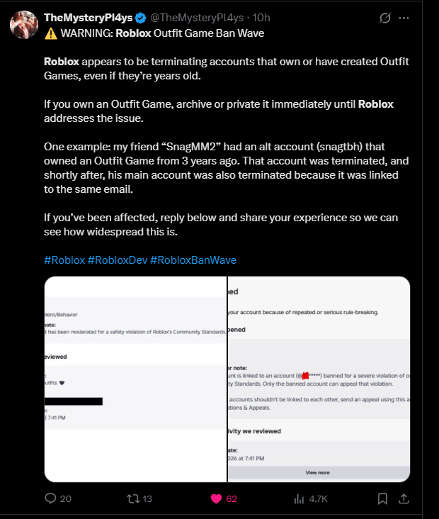 tiffikan's tweet photo. ⚠️WARNING⚠️ All Roblox community: We need to reach out to @roblox to fix the AI ​​moderation glitch called Enforcement Bans. 

🚨🙏Repost your bans and this post so ROBLOX can see us🙏🚨

This issue has resurfaced since July 30-31, with thousands of people and developers receiving this ban on their accounts and unable to appeal it.

The problem itself began much earlier, even before this ban wave, in October 2025, and continues to this day. It is most likely caused by the system incorrectly recognizing the public IP address provided by public Wi-Fi! Because of this, people are being incorrectly banned. This has affected many people who used public Wi-Fi in a public place and then received an erroneous permanent ban for linking to an unknown account. Also, due to a glitch, not everyone sees a violation in the Violations & Appeals window, although it should appear for everyone banned for an alt account. Since, after contacting support, the moderators ask everyone to use it. This window

My account @tiffikan was also affected by this glitch. I was banned on March 3rd for linking to an unknown account I don't own. I didn't see the appeal window on the V&A page. When I contact support, I'm constantly redirected to this window, but I don't have anything there.
@roblox, please help me recover my mistakenly banned account @tiffikan, and fix the glitch and the enforcement ban issue. #Roblox #RobloxDev @Roblox_RTC @KreekCraft