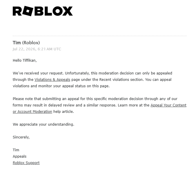 tiffikan's tweet photo. ⚠️WARNING⚠️ All Roblox community: We need to reach out to @roblox to fix the AI ​​moderation glitch called Enforcement Bans. 

🚨🙏Repost your bans and this post so ROBLOX can see us🙏🚨

This issue has resurfaced since July 30-31, with thousands of people and developers receiving this ban on their accounts and unable to appeal it.

The problem itself began much earlier, even before this ban wave, in October 2025, and continues to this day. It is most likely caused by the system incorrectly recognizing the public IP address provided by public Wi-Fi! Because of this, people are being incorrectly banned. This has affected many people who used public Wi-Fi in a public place and then received an erroneous permanent ban for linking to an unknown account. Also, due to a glitch, not everyone sees a violation in the Violations & Appeals window, although it should appear for everyone banned for an alt account. Since, after contacting support, the moderators ask everyone to use it. This window

My account @tiffikan was also affected by this glitch. I was banned on March 3rd for linking to an unknown account I don't own. I didn't see the appeal window on the V&A page. When I contact support, I'm constantly redirected to this window, but I don't have anything there.
@roblox, please help me recover my mistakenly banned account @tiffikan, and fix the glitch and the enforcement ban issue. #Roblox #RobloxDev @Roblox_RTC @KreekCraft