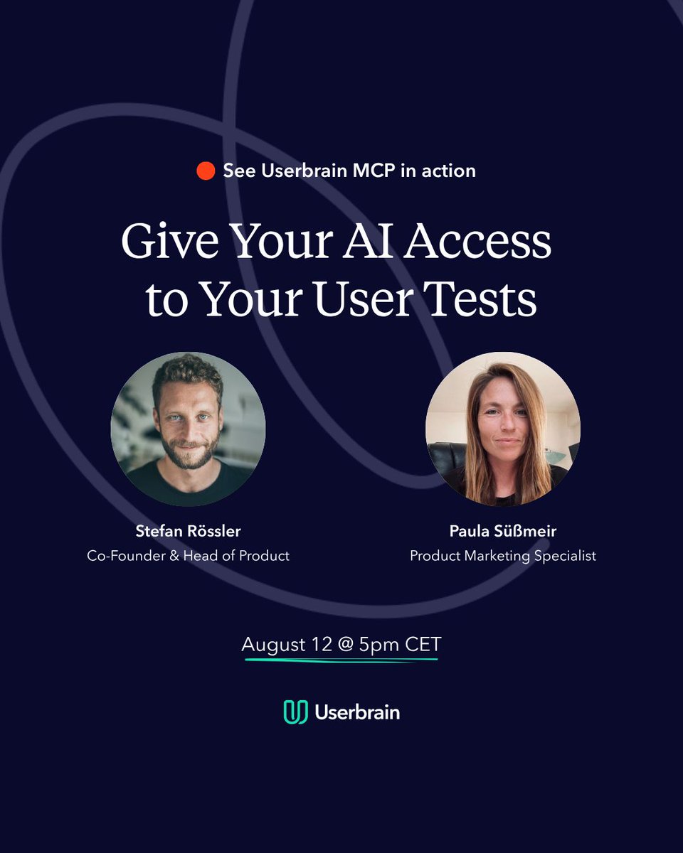 userbrain's tweet photo. What if the AI tools you use every day had access to your real user-test data?

Join Stefan Rössler and Paula Süßmeir for a live demo of Userbrain MCP.

Can’t make it live? We’ll send the recording to all registrants.

👉 Register now! https://t.co/FZyovuV0J4 https://t.co/r7FuLj4Teg