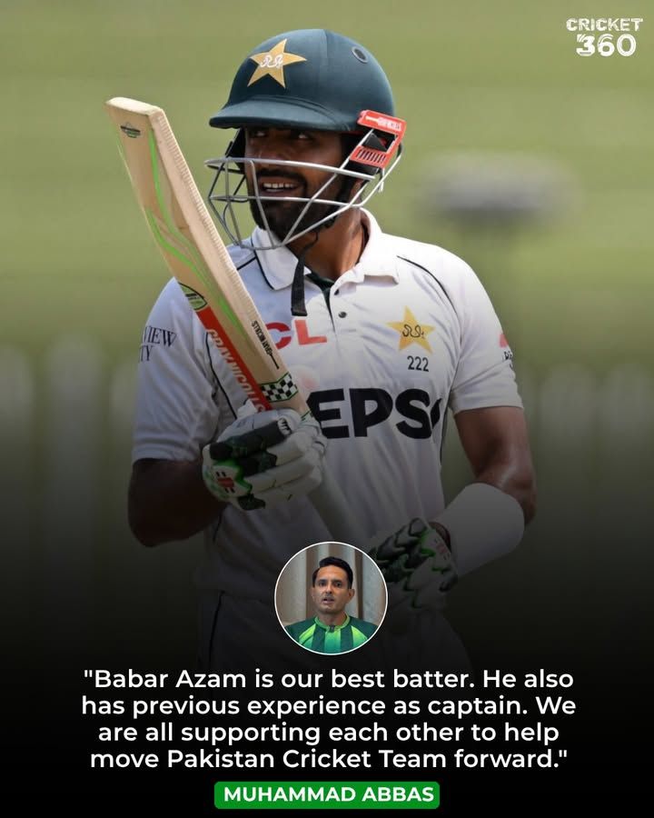 RealCrickets360's tweet photo. 🚨 MUHAMMAD ABBAS ON BABAR AZAM ❤️

"Babar Azam is our best batter. He also has previous experience as captain. We are all supporting each other to help move the Pakistan Cricket Team forward."

— Muhammad Abbas 🗣️

#BabarAzam #MuhammadAbbas #PakistanCricket #TestCricket #Cricket https://t.co/6VtqioSmAJ