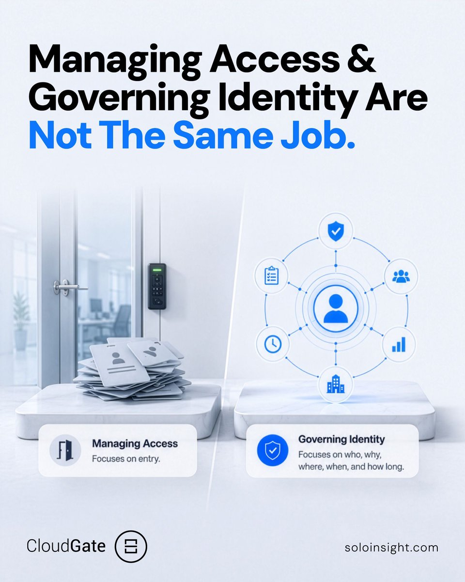 soloinsightinc's tweet photo. Managing access answers one question: can this credential get in right now?

Governing identity answers the harder ones: should it, for how long, under what policy, with what proof?

Most programs nailed the first and skipped the second. #CloudGate is built for the decision. https://t.co/mK9gj86rf5