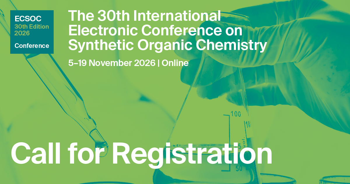 Molecules_MDPI's tweet photo. Join the 30th International Electronic Conference on Synthetic Organic Chemistry, held online 5–19 Nov 2026. 
👉 Register NOW: https://t.co/gGGf7k40pL
#ECSOC30 #OrganicChemistry #FreeRegistration https://t.co/F0aVrxZG5c