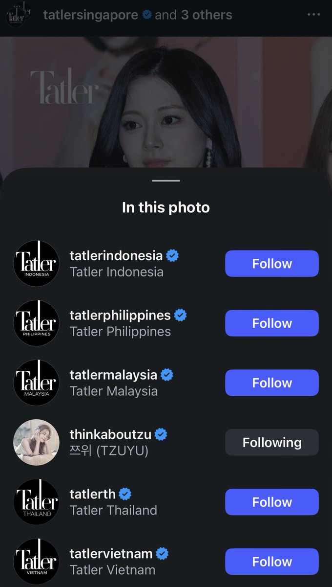 thinkabouTZUmx's tweet photo. TZUYU featured by @tatlersingapore, and shared by @tatlerindonesia, @tatlerphilippines, @tatlermalaysia, @tatlerth, and @tatlervietnam 💙

“All the times TWICE’s TZUYU proved she can pull off any style.”

Now we’re just waiting for the day TZUYU x Tatler gets a full magazine cover 👀👀👀